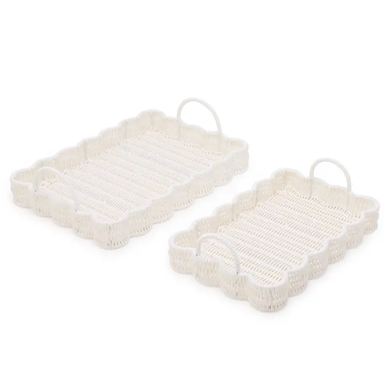 All-Weather Scalloped Wicker Serving Tray with Handles