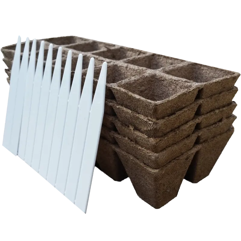 Biodegradable Peat Seed Starter Tray Set – 5-Pack with 50 Cells + 10 Reusable Plastic Plant Markers
