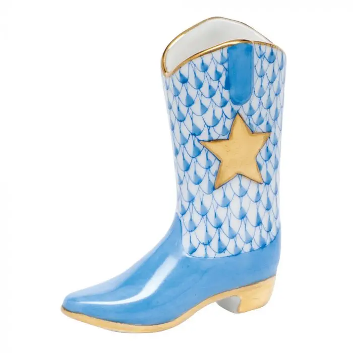 Cowboy Boot Ornament – Blue-Glazed Ceramic Boot Figurine for Western Décor