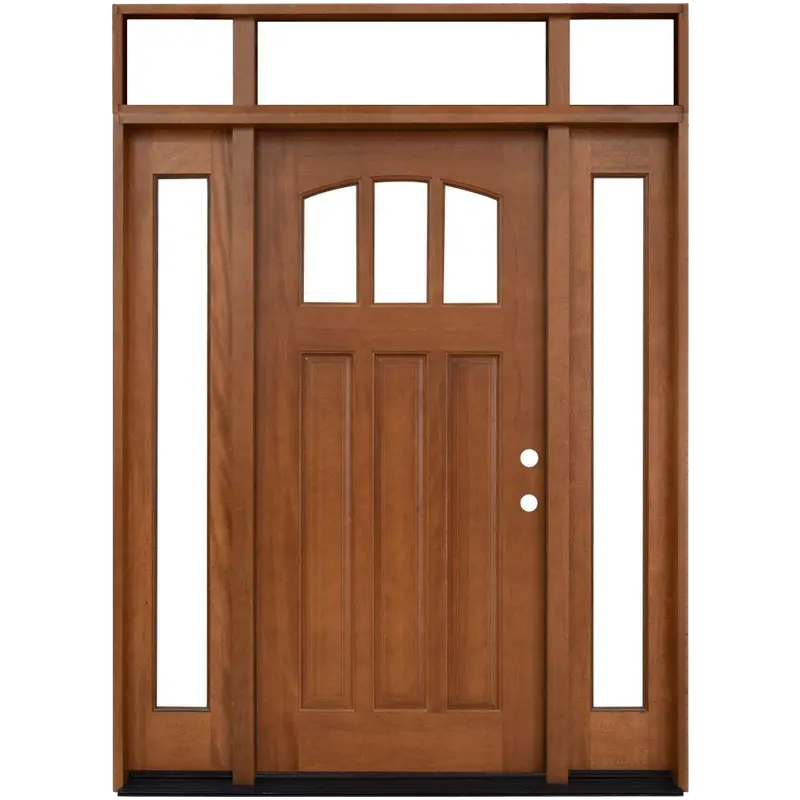 Craftsman Arch-Top Prehung Entry Door – Stained Mahogany with Sidelites & Transom Glass