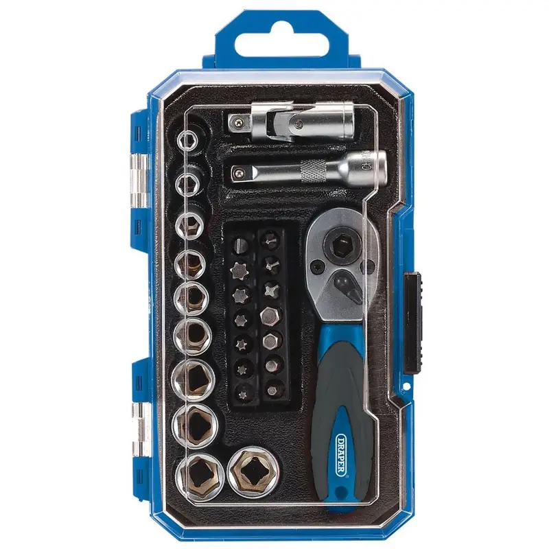Draper 27-Piece Socket & Bit Set – 1/4″ Square Drive, Includes Storage Case 04778
