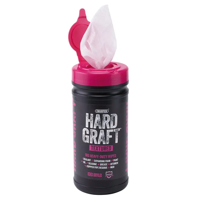 Draper Hard Graft Multipurpose Textured Cleaning Wipes – Heavy-Duty, All-Surface Formula (Tub of 100, Model 12435)