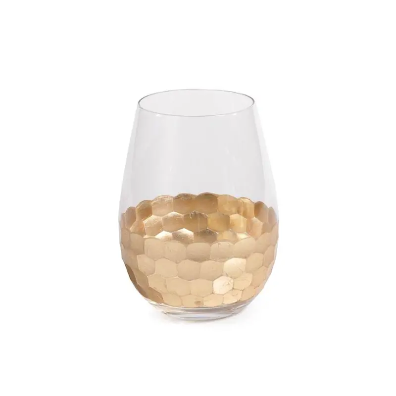 Fez Cut Stemless Wine Glass with Gold Leaf Accents