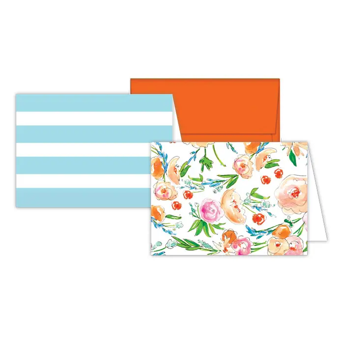 Floral and Cabana Stripe Blue Stationery Notes – Hand-Illustrated