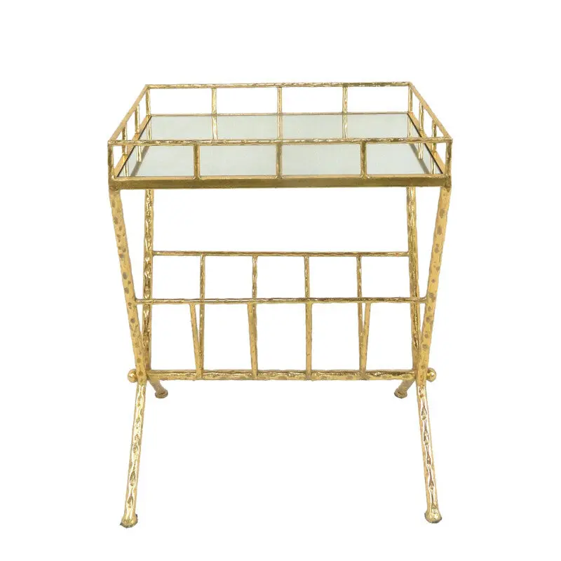 Gold-Accent Mirror Table with Integrated Magazine Shelf