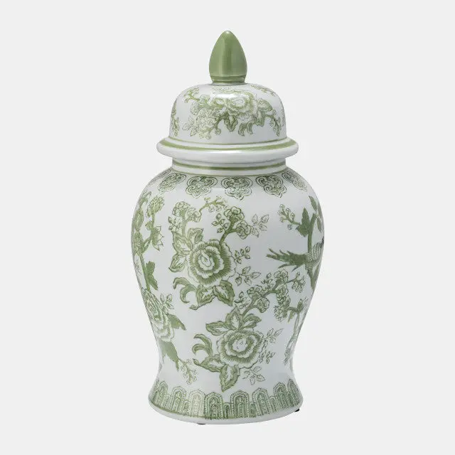 Green Glazed Ceramic Temple Jar Featuring Bird and Floral Motifs