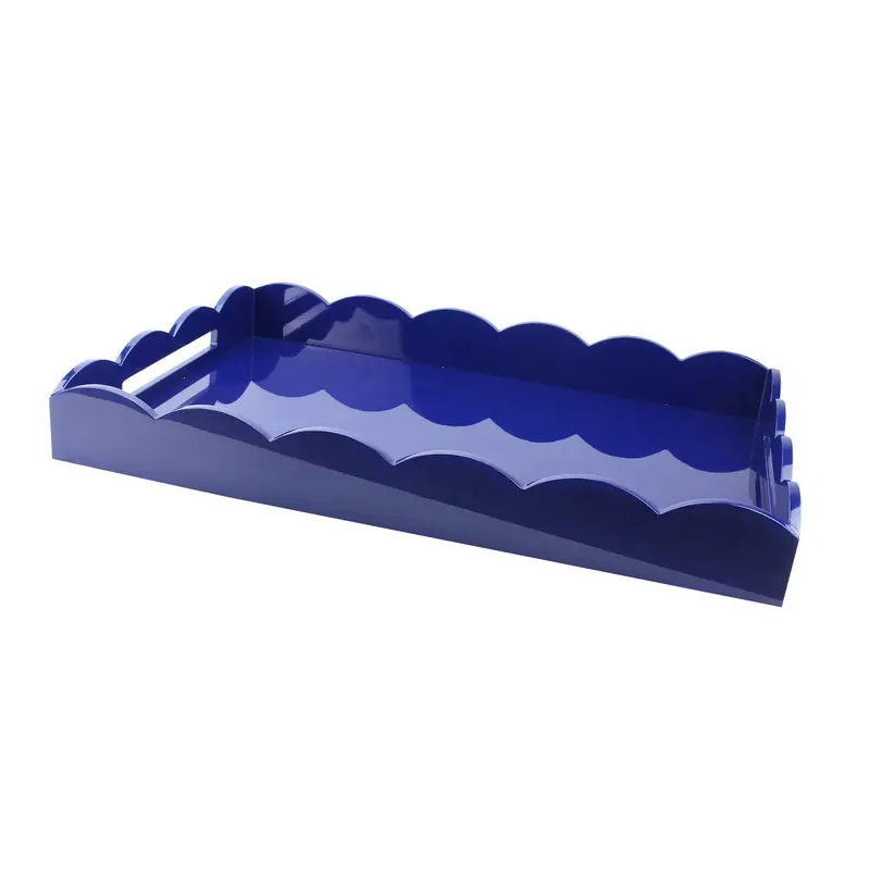 Large Scalloped Lacquer Serving Tray – Elegant Woodgrain Finish Tray