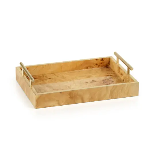 Leiden Burl Wood Tray with Metallic Gold Handles (Medium Size)