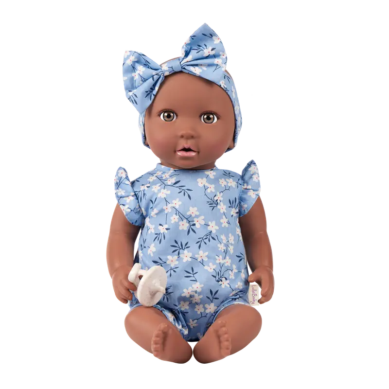LullaBaby Doll Girl Dressed in Blue Floral Onesie with Brown Eyes and Warm Skin Tone