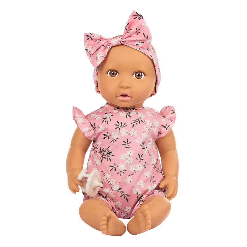 LullaBaby Doll Girl in Floral Onesie, Brown Eyes, and Olive Skin Tone