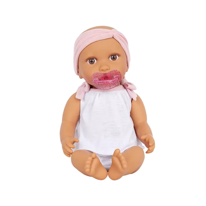 LullaBaby Two-Piece Outfit Baby Doll with Pink Headband (Olive Skin, Brown Eyes)
