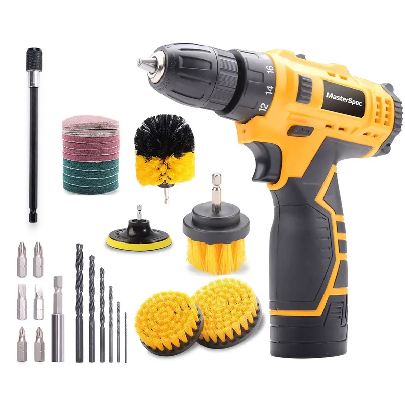 MasterSpec 45-Piece 12V Cordless Drill Driver Kit with Brush, Sanding Pads, and Drill Bits