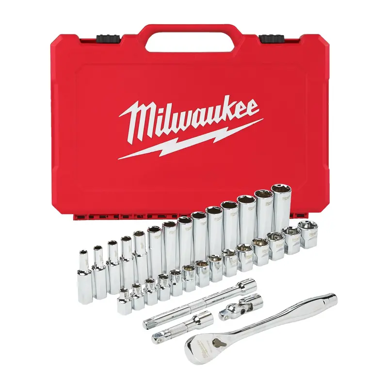 Milwaukee 32-Piece Metric Ratchet and Socket Set – 3/8″ Drive, 6–19mm Sockets – Model 4932464945