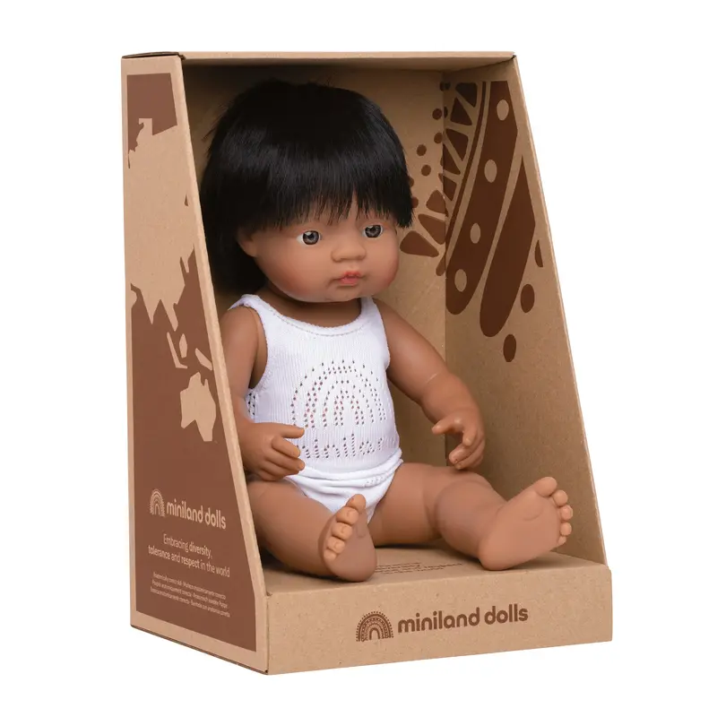 Miniland 38cm Hispanic Boy Doll – Bilingual & Cultural Awareness Toy in Recycled Box