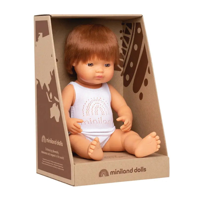 Miniland 38cm Red-Haired Caucasian Boy Doll – Unique Inclusive Toy Packaged in Eco Box