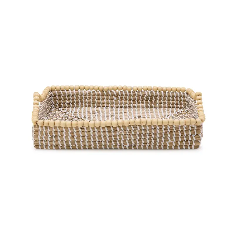 Natural Seagrass Serving Tray with Wooden Bead Detailing