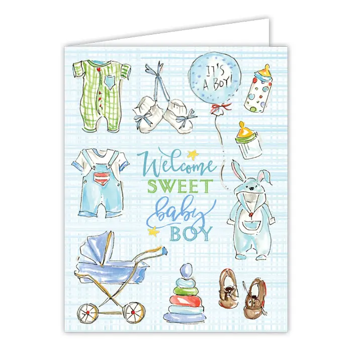 New Baby Boy Welcome Card Featuring Blue Icons