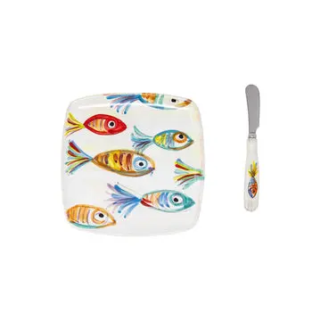 Pesci Colorati Square Dinner Plate with Butter Spreader