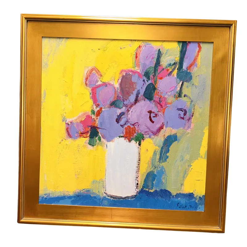 Purple Floral Oil Painting with Yellow Background (24×24″)