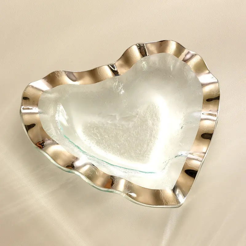 Ruffle Heart–Shaped Ceramic Bowl in Platinum Tone