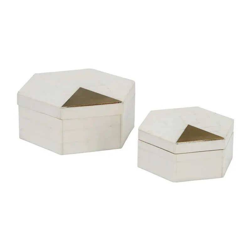 Set of Five White Resin Hexagon Boxes with Brass Accents