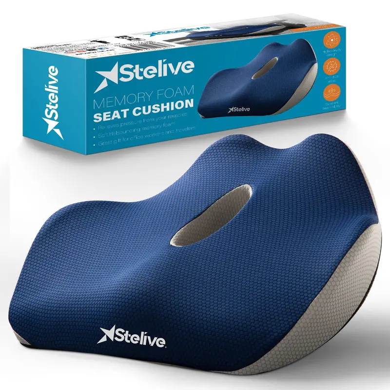 Stelive Memory Foam Seat Cushion – Coccyx Relief Pillow for Office Chairs & Car Seats (Blue/Grey)