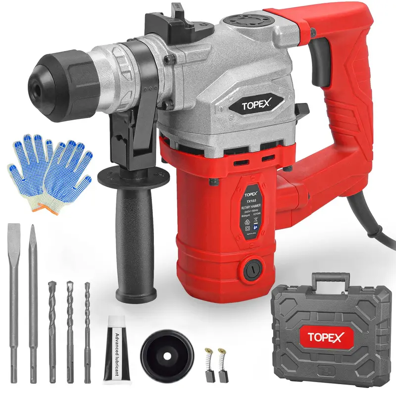 TOPEX 1010W SDS-Plus Rotary Hammer Drill – Demolition Jackhammer Kit with Chisels and Drill Bits