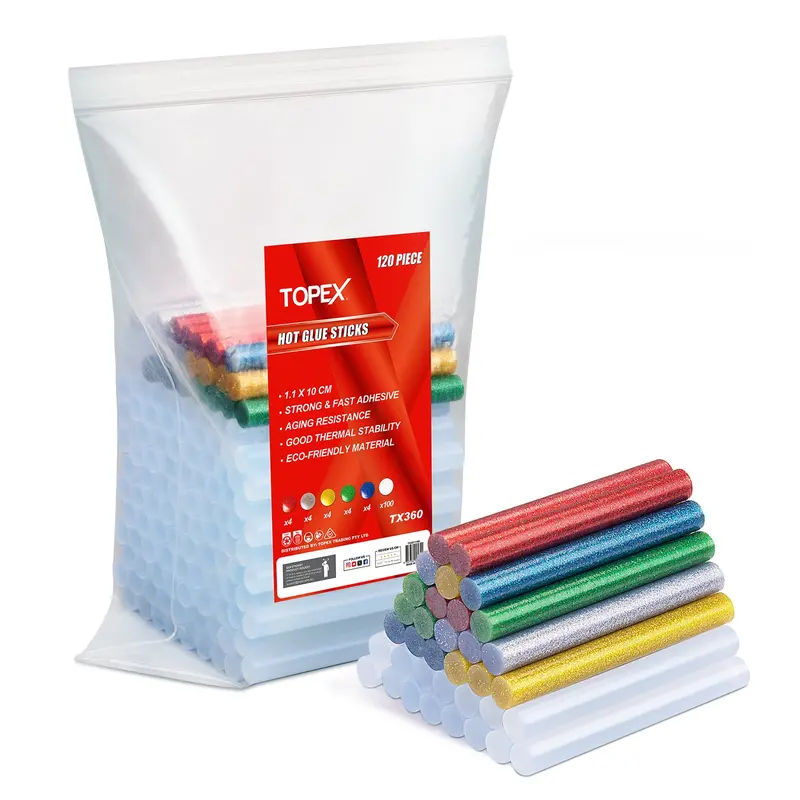 TOPEX 120-Piece Assorted Hot Melt Glue Stick Pack – 1.1 x 10cm Colored Craft Adhesives for Glue Guns