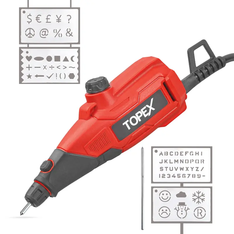 TOPEX 13W Mini Electric Engraving Tool Kit – Etching Device for Glass, Metal, Wood, and Plastic with 2 Tips and Stencils