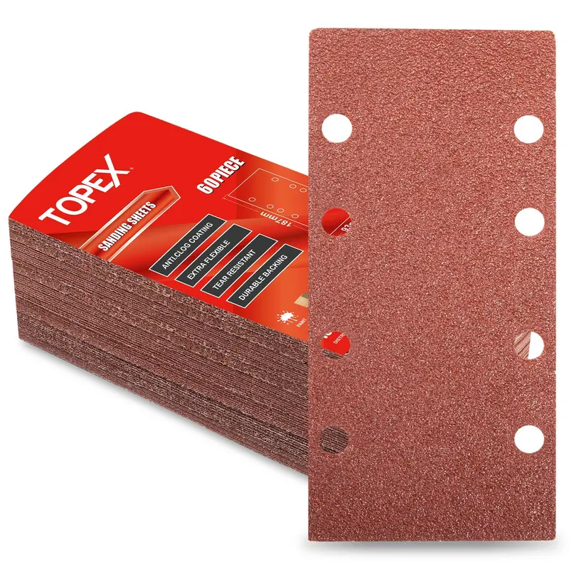 TOPEX 187 x 93mm Sanding Sheets – 10-Pack per Grit (40–240) – Oxide Abrasives for Orbital & Detail Sanders