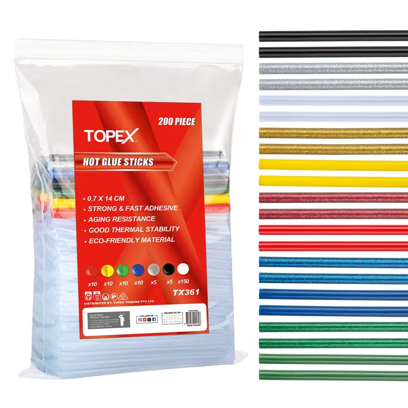 TOPEX 200-Piece Premium Hot Melt Glue Stick Bundle – 7 x 140mm Multi-Color Adhesive Sticks for Creative Projects