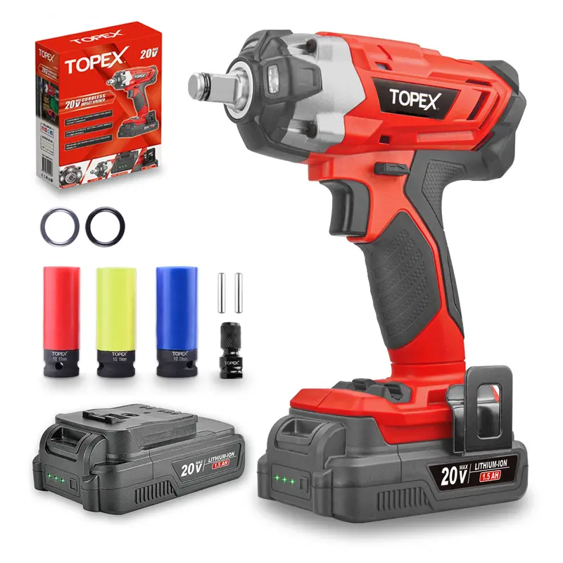TOPEX 20V Cordless 2-in-1 Impact Wrench & Driver Kit – 1/2″ Chuck with Sockets, Dual Batteries & Charger