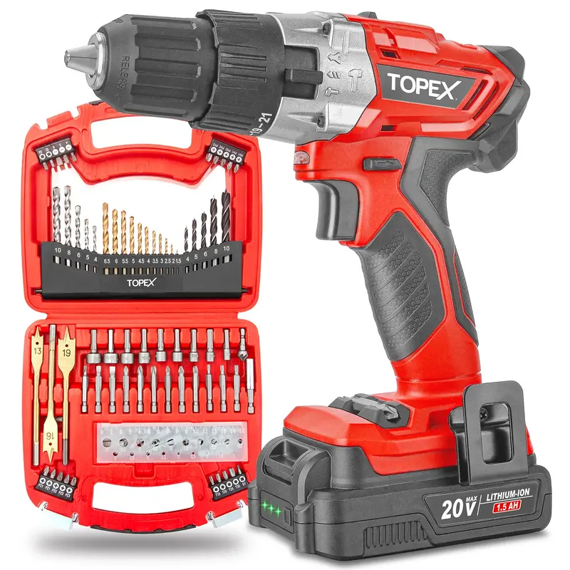 TOPEX 20V Max Cordless Hammer Drill with Li-Ion Battery and Bit Set