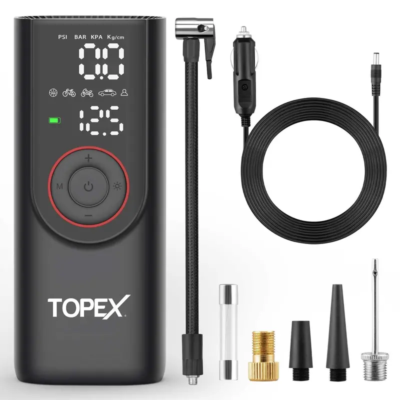 TOPEX Cordless 12V Portable Tyre Inflator — 150 PSI Air Compressor with Dual Power Options for Cars, Bikes, and Sports Gear