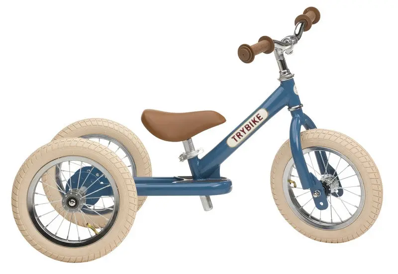 Trybike Matte Blue Vintage Balance Bike – Three-Wheel Cream Tyre Model