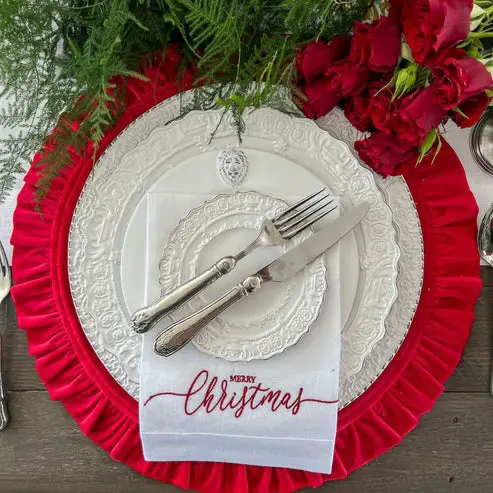 Velvet Red Ruffled Round Placemats – Set of 4