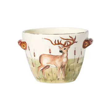 Wildlife-Themed Deep Serving Bowl with Deer-Antler Handles